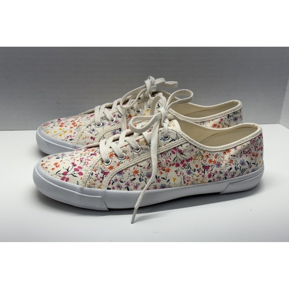 Old Navy Neutral Floral Canvas Vulc Sneakers Women 10 Cream Pink Flowers Lace Up - Picture 1 of 8